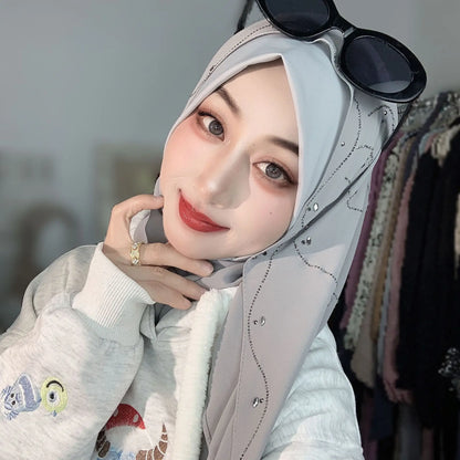 Malay Solid Chiffon Turban Head Scarf for Women, Irregular Rhinestone Hotfix Wrapped L-Edge Pull-On Scarf,Soft Muslim Hijab Wrap