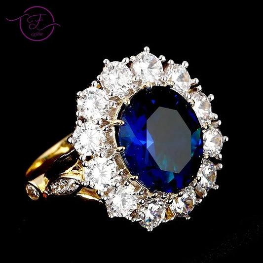 Luxury Oval Blue Zircon Ring for Women Sparkling Golden Color Solitaire Finger Rings Romantic Jewelry Wedding Anniversary Gift