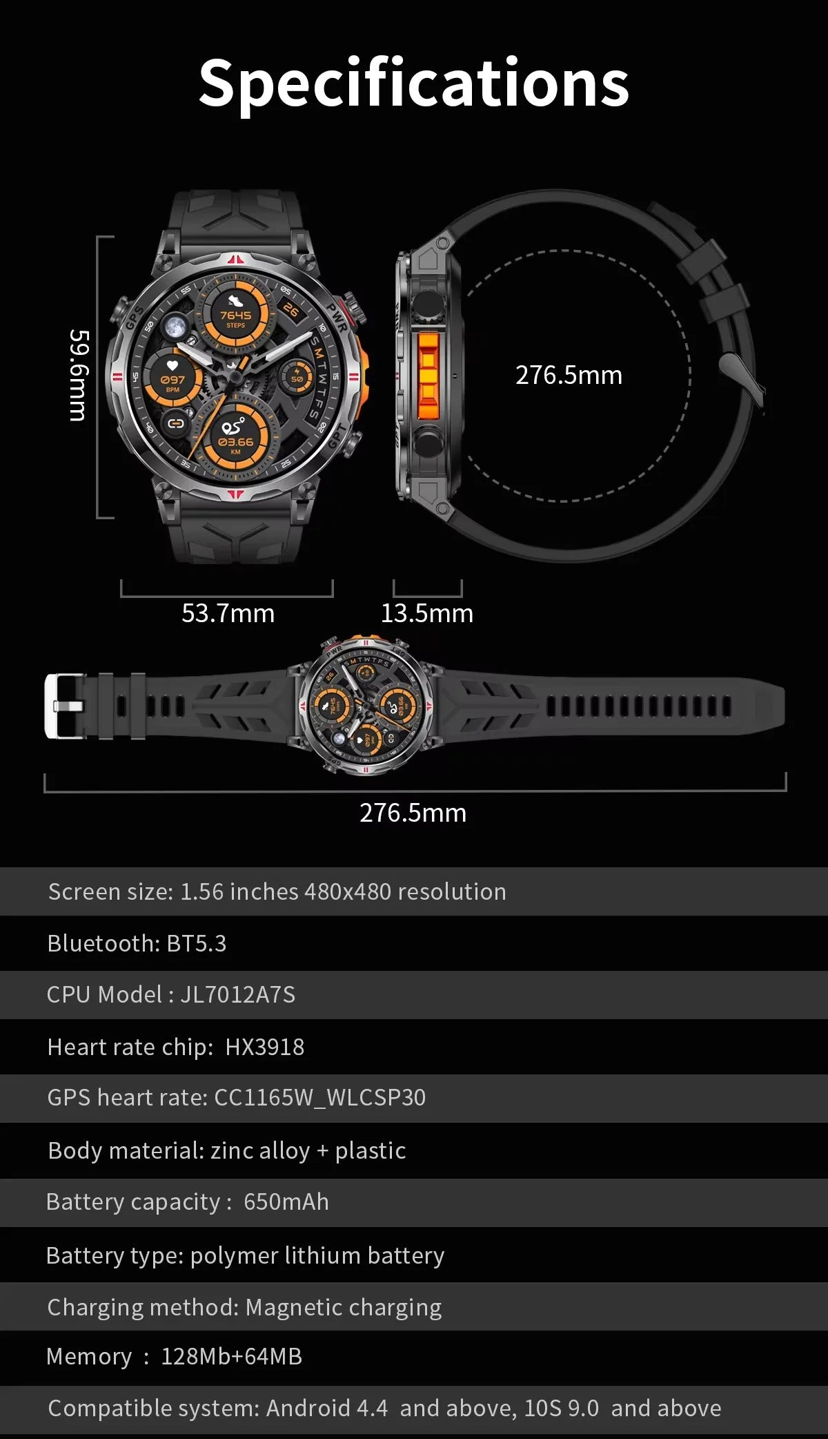Men KC93 Smart Watch 1.56inch AMOLED GPS Positioning Outdoors Sports Fitness Tracker Bluetooth Calling Large Battery Smartwatch