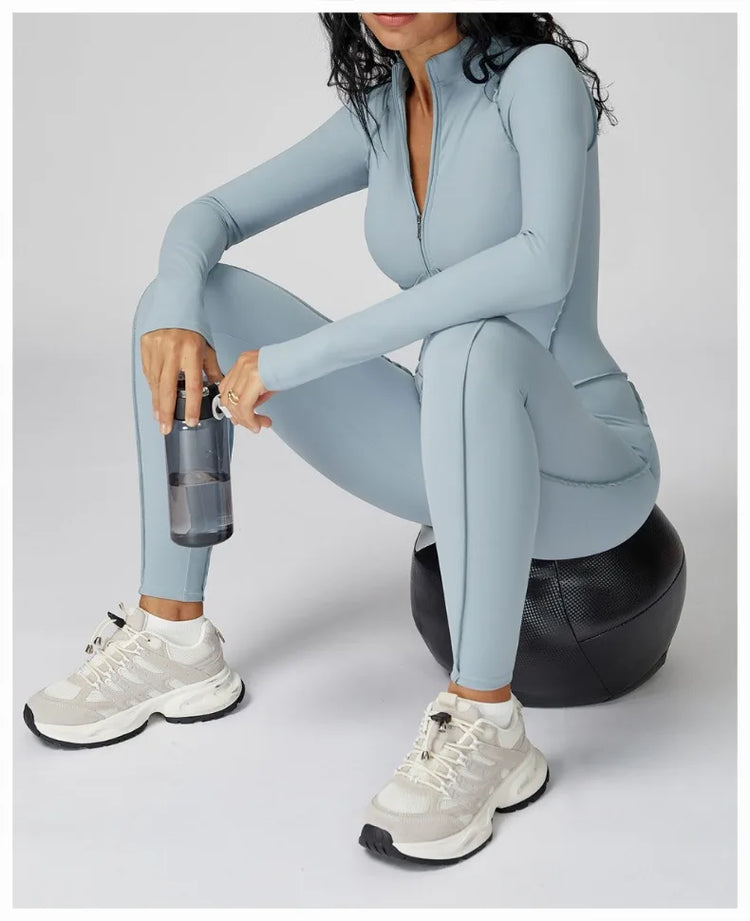 Women's New Sports Bodysuits Fitness Jumpsuit Slim Zipper Neck Sexy Splice Elasticity Jumpsuit Female Gym One Piece Sportswear
