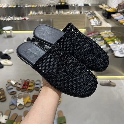 2026 Summer New Woven Flat Sandals Brathable Cover toe Slippers for Casual Outwear Women Hollow-out Casual Knitting Slides