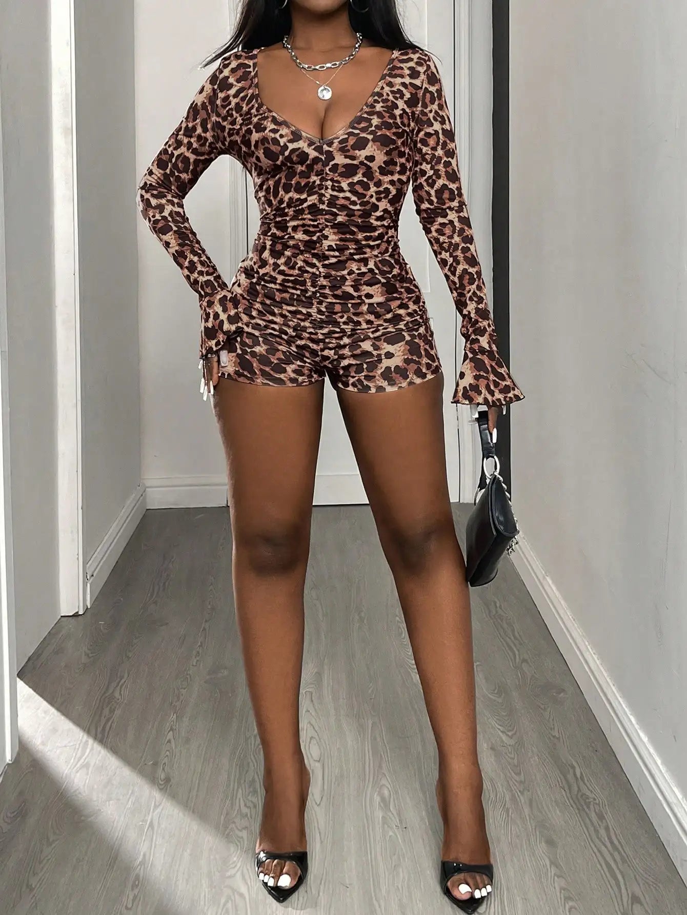 Women's Sexy Leopard Print Deep V Neck Pleated Slim Long Sleeve Bell Cuff Jumpsuit