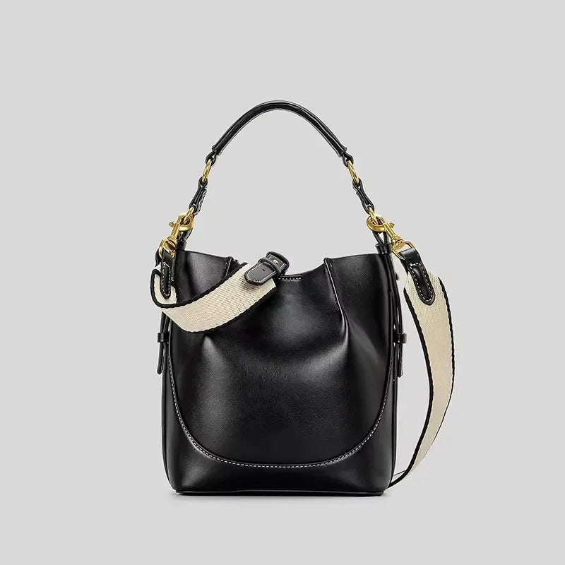 Fashion Panelled Canvas Bucket Bag Designer Women Handbags Luxury Pu Leather Shoulder Crossbody Bags with Wide Strap Tote Purses