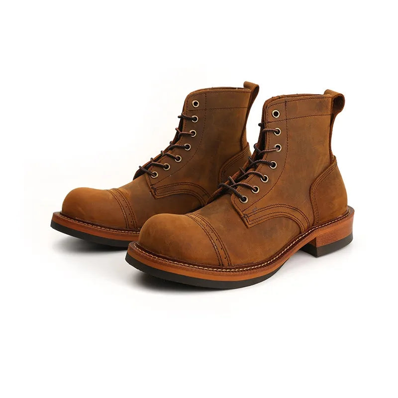 New Designer Handmade Men Ankle Boots Autumn Winter Round Toe Tooling British Genuine Cow Leather Shoes Desert Motorcycle Boots