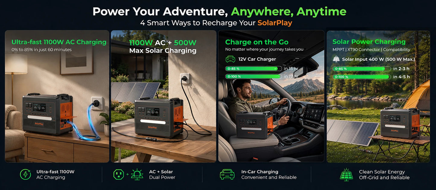SOLARPLAY Q2402M Portable Energy Storage Power Station 2500W 2304Wh LiFePO4 Battery Support Foldable Solar Panel Charging Multi AC Output for Camping RV Home Off-Grid Power Supply