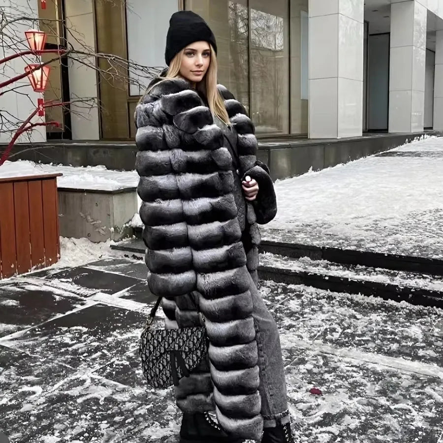 Best Selling Real Rex Rabbit Fur Coat Women Long Chinchilla Fur Coat Winter Women's Fur Jackets Brand Contrast Warm