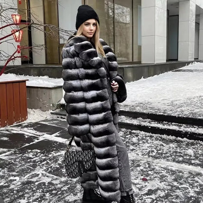 Best Selling Real Rex Rabbit Fur Coat Women Long Chinchilla Fur Coat Winter Women's Fur Jackets Brand Contrast Warm