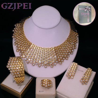 GZJPEI Shiny White Zircon Jewelry Set For Women Italy Nigeria Wedding Jewellery 18K Gold Plated Mother's Day Gift On Sale ﻿