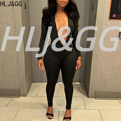 HLJ&GG Sexy Deep V Bodycon Backless One Piece Jumpsuits Women Long Sleeve Slim Playsuits Fashion Female Solid Party Club Overall