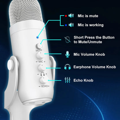 Professional White USB Condenser Microphone Studio Recording Mic for PC Computer Phone Gaming Streaming Podcast Vocals Youtube