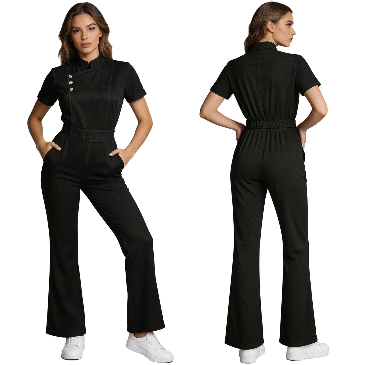 Womens Scrubs Jumpsuit Soft Stretch Medical Scrub Set with Pockets Front Zipper Elastic Waist Jogger Pants Nurse Doctor Workwear
