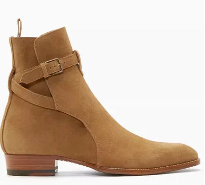 Brown Men Chelsea Boots Handmade High-quality Cow Suede Business Casual Square Toe Mid-heel Men Shoes Motorcycle Boots With Heel