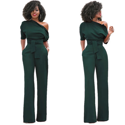 High Quality 2025 Spring Women's Casual Jumpsuits One Shoulder Slash Neck Button Romper Full Length Jumpsuit Wide Legs Jumpsuit
