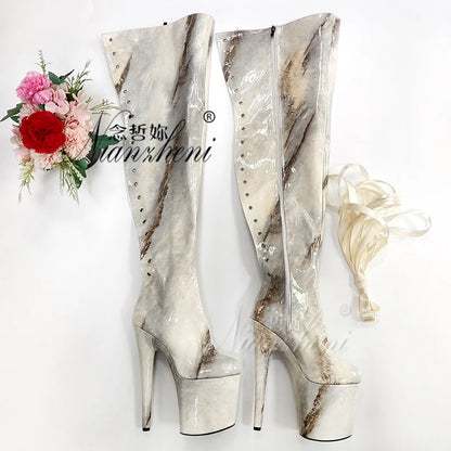 Exotic 8inch High Heels Pole Dance Shoes 20cm over the Knee Bootsg gladiator Lace Up Platform Stripper Gothic Beige Lighter club