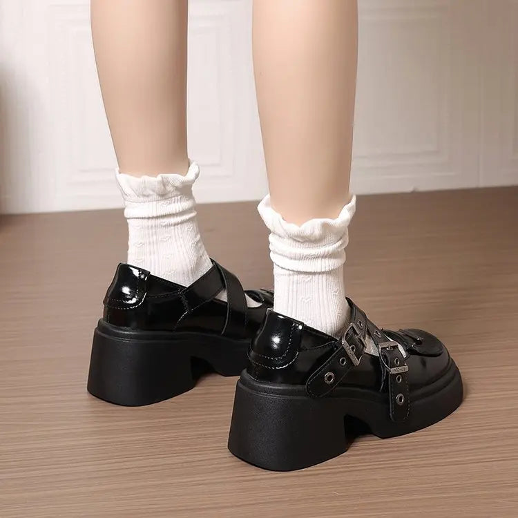 Mary Jane Shoes 2026 New Punk Metal Block Heel Platform Women's Shallow Mouth Buckle Single Shoes