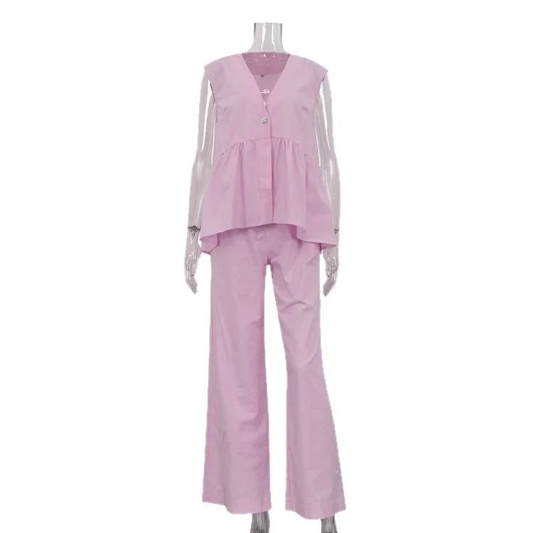 2 Pieces Women Sets 2026 Cotton V-Neck Sleeveless Top Vest + Long Pants New Solid Color Two-Piece Sets Women's Clothing