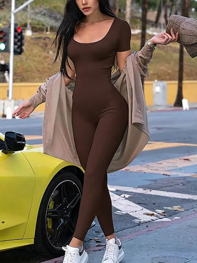 Women's Rompers Short Sleeve Solid Skinny Bodycon Jumpsuits Fashion Sports Fitness Casual Activity Streetwear Overalls