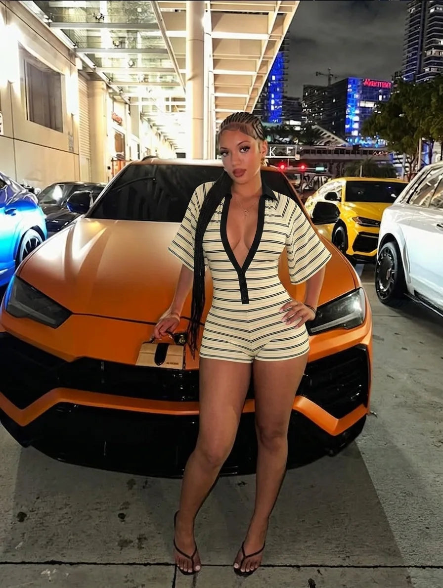 FLARORA Trend Stripe Print Rompers Woman Sexy Deep V Neck Short Sleeve Skinny Peach Hip Playsuits Hot Girl Party Club Overalls