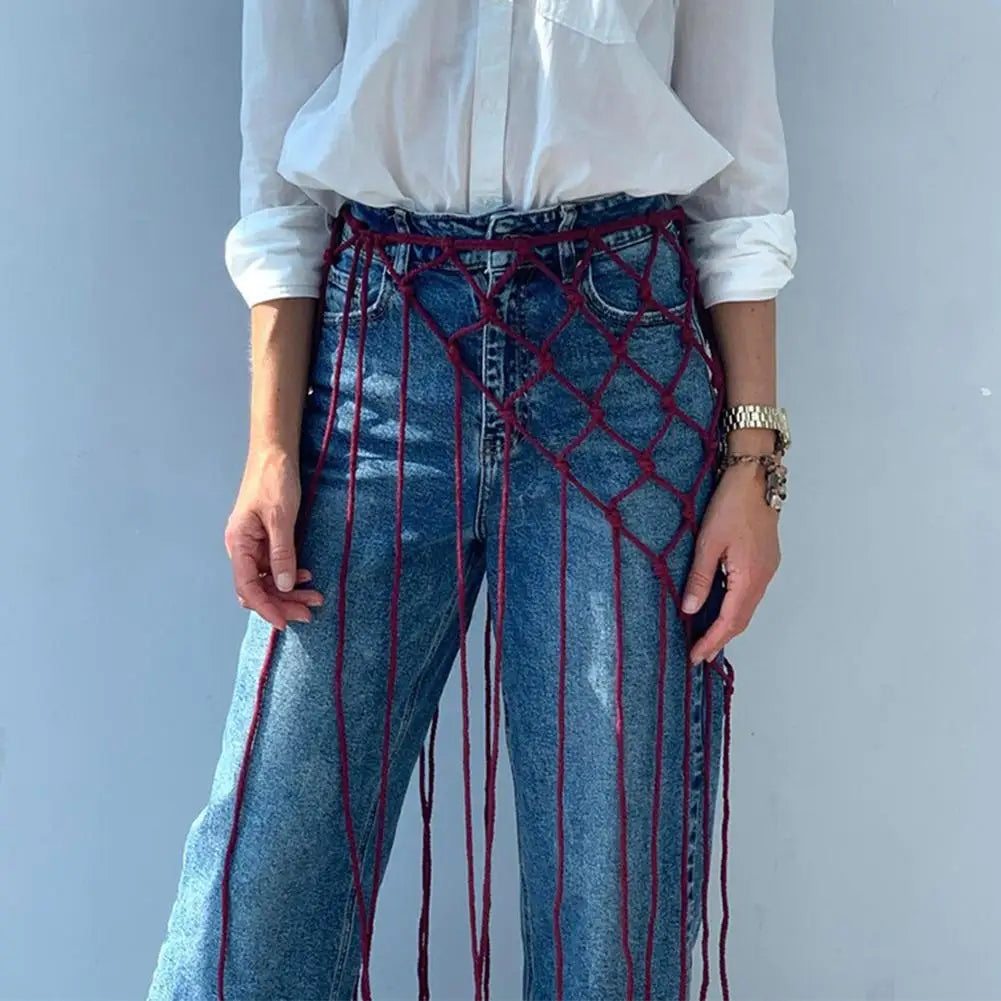 Bohemian Netted Fringe Scarf Handwoven Bikini Women Mid Waist Skirt Ethnic Design Mesh Tassel Waistband Decorative Butt Curtain