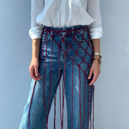 Bohemian Netted Fringe Scarf Handwoven Bikini Women Mid Waist Skirt Ethnic Design Mesh Tassel Waistband Decorative Butt Curtain