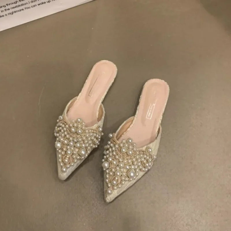 New Women's Shoes Exquisite Imitation Pearl Mueller Slippers for Woman Elegant French Casual Shoes Designer Shoes Zapatos Mujer