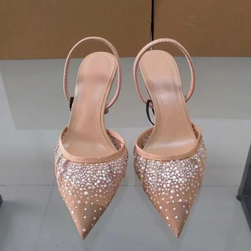 Luxury Broken Drill Diamond Mesh Fabric Women Sandals 2025 Summer Slingback Elegant Pointed Toe High Heels Fashion Lady Shoes