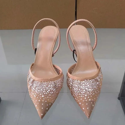 Luxury Broken Drill Diamond Mesh Fabric Women Sandals 2025 Summer Slingback Elegant Pointed Toe High Heels Fashion Lady Shoes