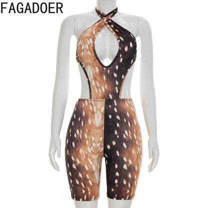 FAGADOER Deer Print Sexy Hollow Out Romper Hot Girl Bandage Halter Shorts Backless Bodycon Jumpsuits New Trendy Streetwear