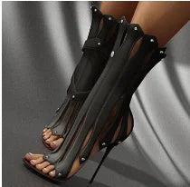 Sexy Vertical Shape Stiletto Heel Ankle Boots Peep Toe Metal Heels Studded Strappy Sandals Red White Black Runway Boot Shoes