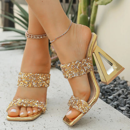 Luxury Women's Shoes Summer Rhinestone Sequins High Heels Wearing One Shoes for Women Elegant Women Sandals Sandalias De Mujer