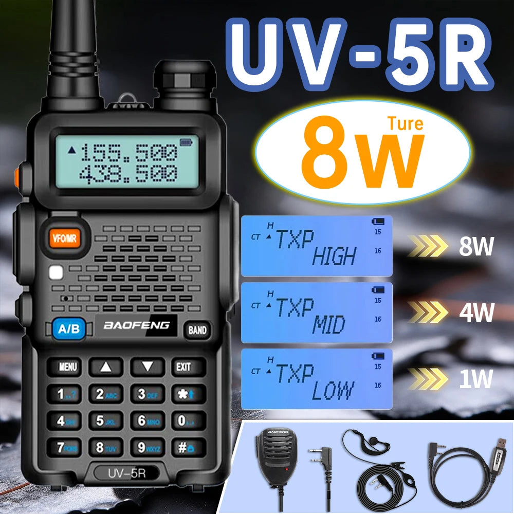Baofeng UV5R 8W Tri-Power Walkie Talkie 5W High Power UHF VHF Dual Band Two-Way Radio Lange Afstand 128CH Handheld UV 5R CB Radi