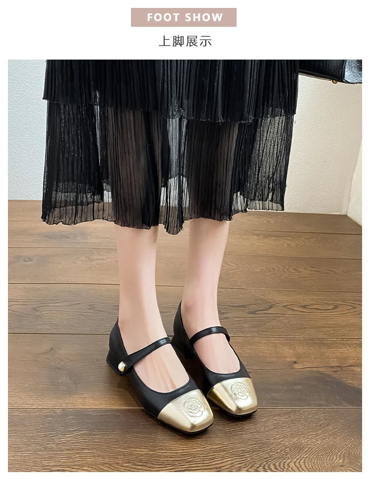Fashion Mary Jane Women's Shoes 3cm Wide Heel Pumps Embroidered Flowers Pearl Buckle Strap Mary Jane Shoes Luxury Leather Heels