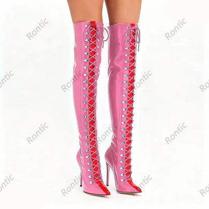 Rontic Custom Crafted Blue Thigh High Boots Stiletto Heel Design Red Detail Laces Pointed Toe Patent Leather Artisan Size 5-15