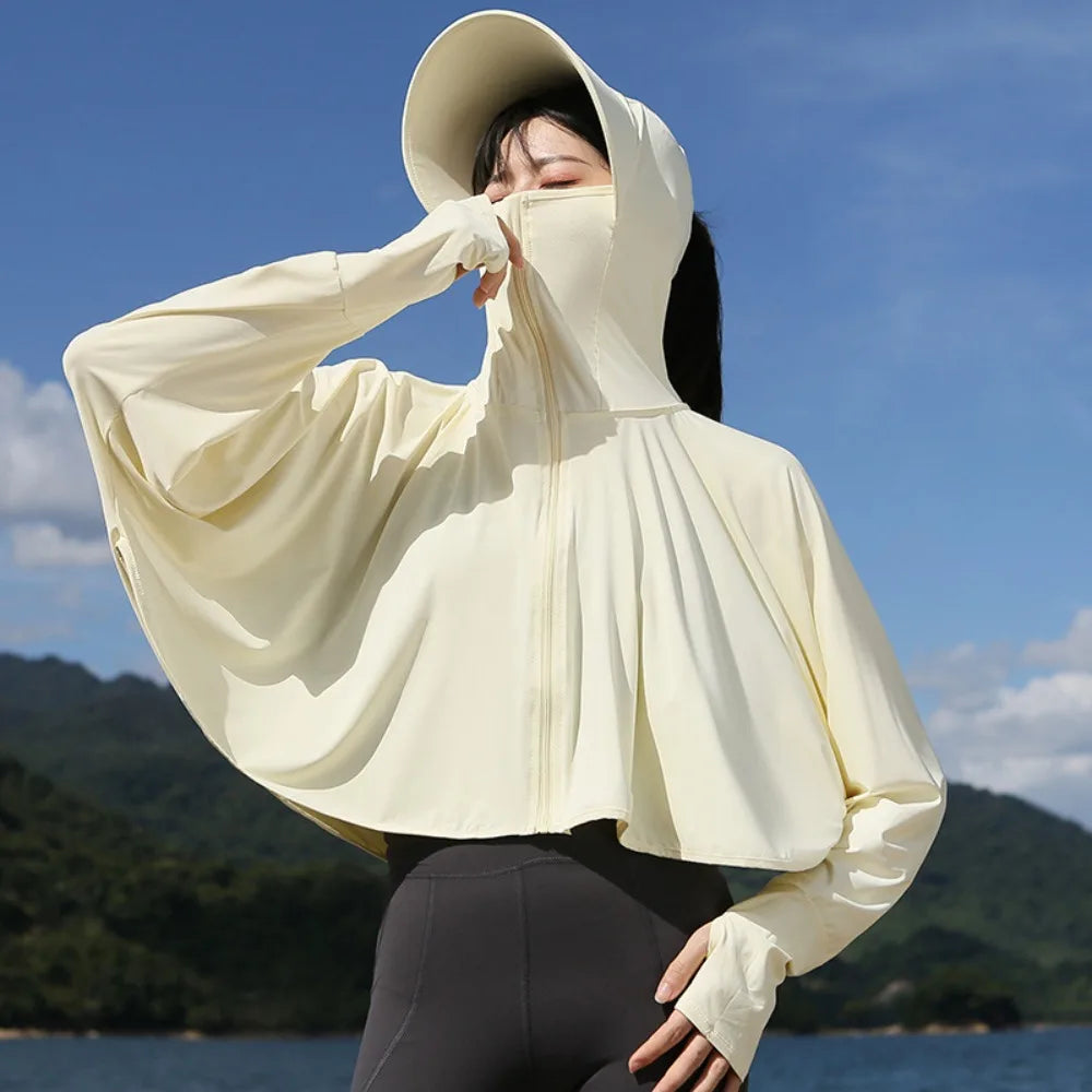 Solid Color Sunscreen Hoodie Long Sleeve Large Brim Hat Summer Sunscreen Shawl Thin Arm Sleeves Ice Silk Short Jacket Running