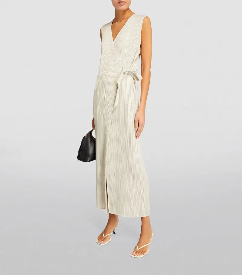 Miyake Pleated Women V-neck Sleeveless Jam Jumpsuits Designer Fashion Double Layered Waist Belt Elegant Clothes