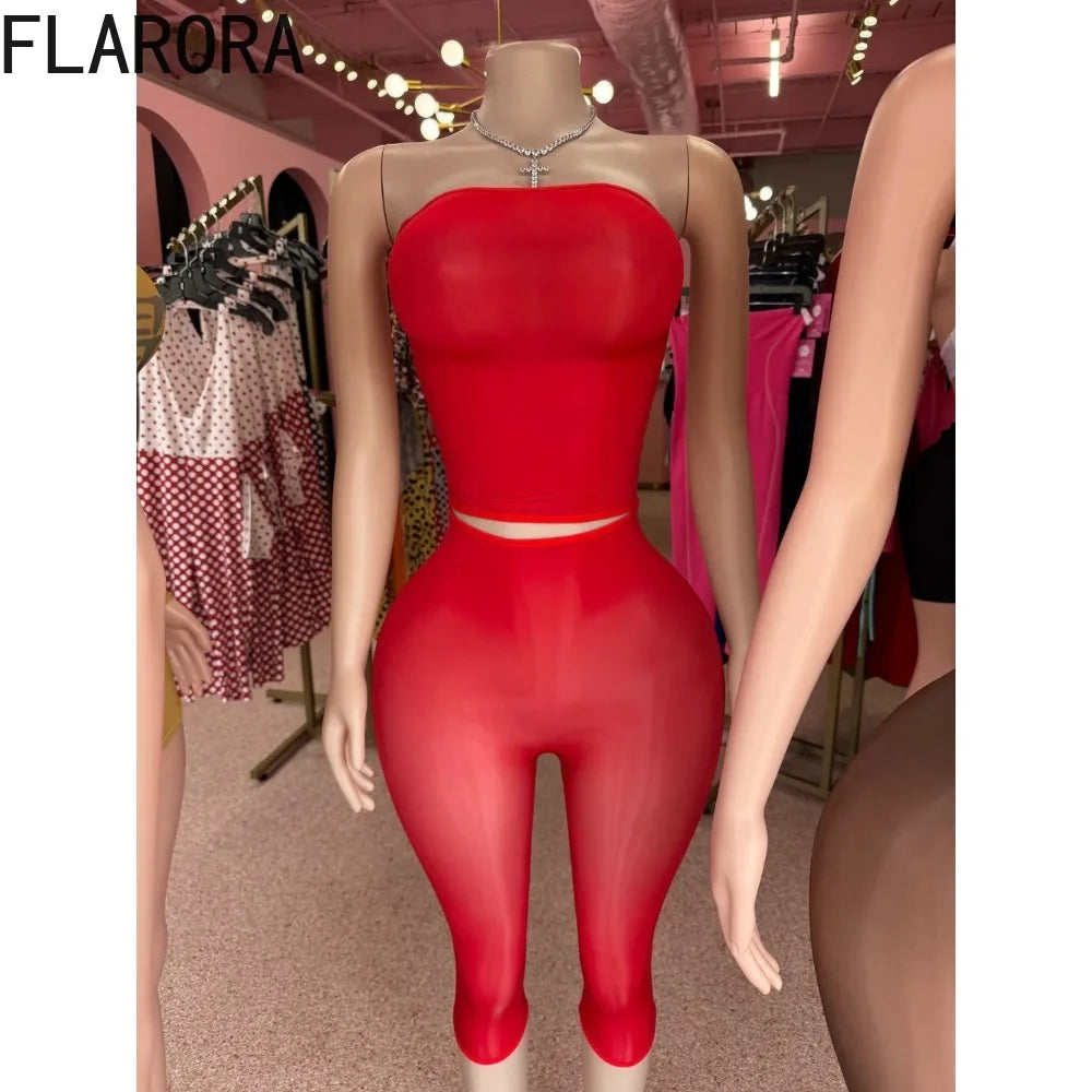 FLARORA Sexy Mesh See Through 2 Piece Sets Woman Strapless Sleeveless Crop Tops And Skinny Capri Pants Midnight Party Club Suits
