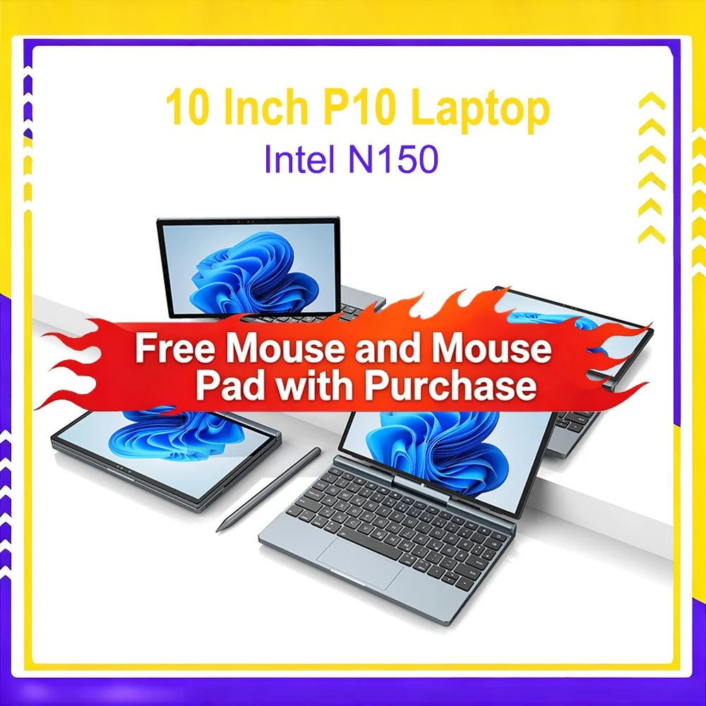 10'' 2 in 1 Tablet Laptop Intel N150 Win11 Touch Screen FHD IPS 32GB DDR4 M.2 SATA NVMe SSD Support Stylus Pen Face Recognition