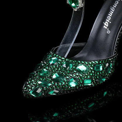 2024 Autumn Slim Heels Shallow Mouth Luxury Blue Water Diamond Pearl Women Single Shoes 9CM Wedding Party Shoes Sandalias Mujer