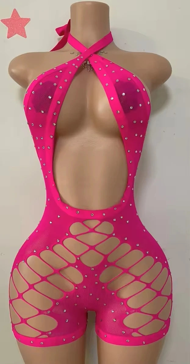 FAGADOER Sexy Hollow-out Rhinestone Patchwork Bodycon Rompers Woman Halter Sleeveless Backless Jumpsuits Female Party Clubwear