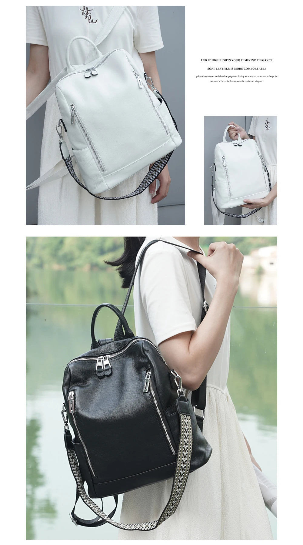Zency Fashion Genuine Leather Backpack Knapsack Multi-pocket Day Pack Travel Convertible Shoulder Bag for Fall Winter Commuter