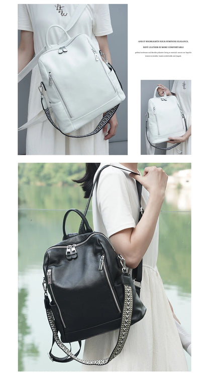 Zency Fashion Genuine Leather Backpack Knapsack Multi-pocket Day Pack Travel Convertible Shoulder Bag for Fall Winter Commuter