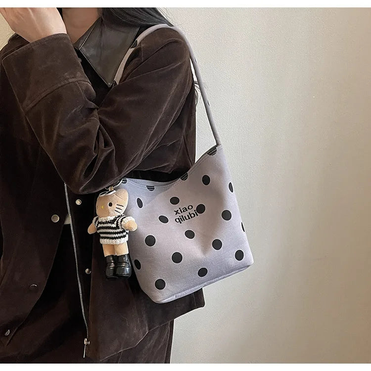 Korean Style Niche Linen Dot Shoulder Bag Women New Fashion Large Capacity Bucket Bag Casual Versatile Commuting Underarm Bag