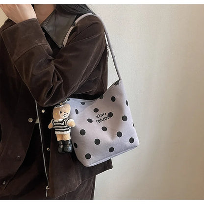 Korean Style Niche Linen Dot Shoulder Bag Women New Fashion Large Capacity Bucket Bag Casual Versatile Commuting Underarm Bag