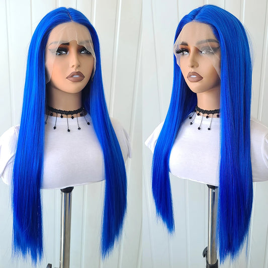 AIMEYA Blue Hair Lace Wig Synthetic Straight Wigs for Women Lace Frontal Wig Natural Hairline Cosplay Party Wigs Heat Resistant