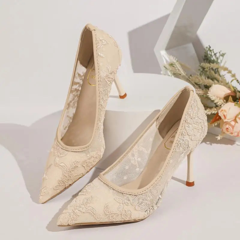 Luxury Embroidery Lace Super High Heel Pumps Women Summer 2026 Elegant Pointed Toe Stilettos Pumps Woman's Party Dress Shoes