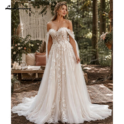 Romantic Off The Shoulder Boho Wedding Dress 3D Floral Lace Tulle Bridal Gowns Sweetheart A Line Wedding Gowns Customized