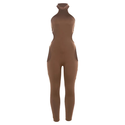 Women Summer Solid Hollow Out Jumpsuit  Sexy Halter Sleeveless Backless Body-Shaping One Piece Rompers Streetwear