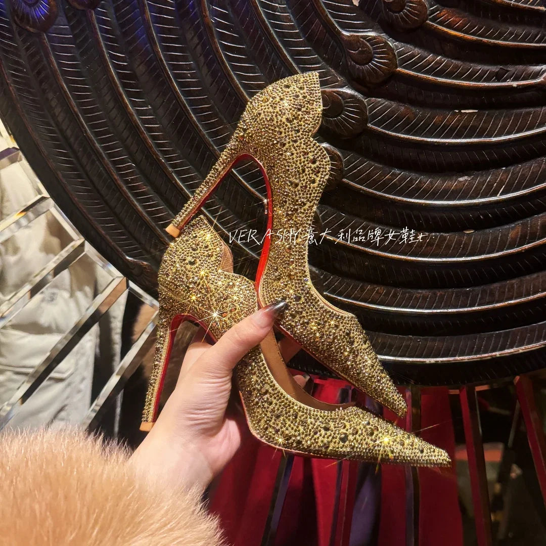 High Heels Women 2025 Spring New gold Sexy Pointy French Thin With Single Shoes Women Crystal Wedding Shoes Women Red Sole Shoe
