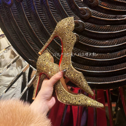 High Heels Women 2025 Spring New gold Sexy Pointy French Thin With Single Shoes Women Crystal Wedding Shoes Women Red Sole Shoe