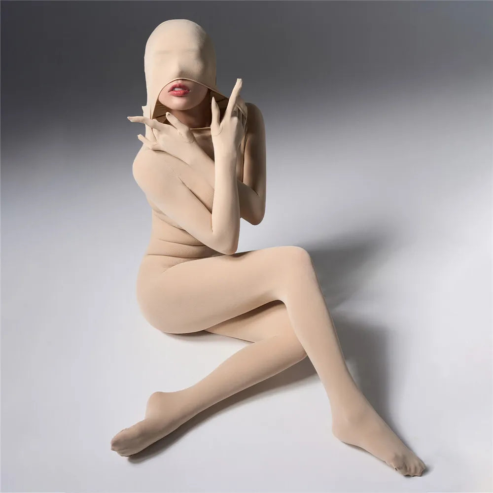 Sexy Women 120D Tights Hooded Mask Elastic Bodysuit Sheer See Through Rompers Glove Jumpsuits Cosplay Maid Leotard